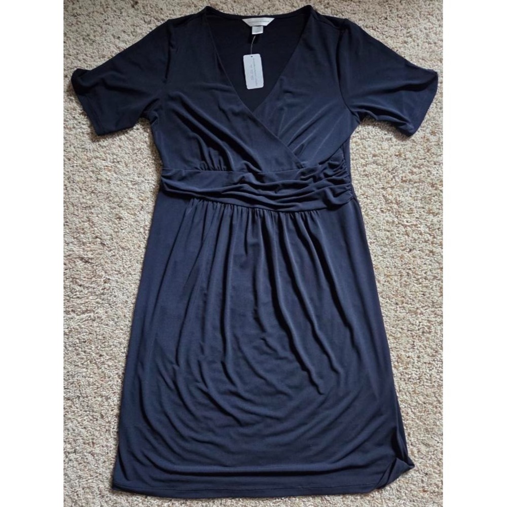 NEW! Christopher & Banks Women's SMALL Navy Blue Midi Dress Wrap Style V Neck